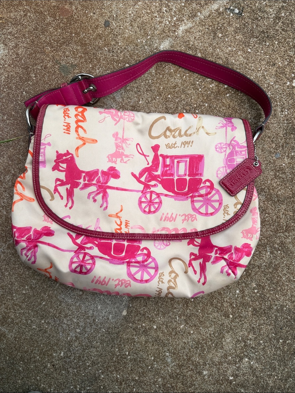 Vintage Coach Pink Signature Carriage Print Shoulder Bag. EUC
